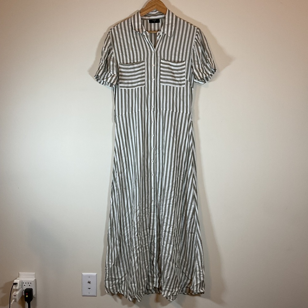 Tahari T Olive Green White Striped Short Sleeve Maxi Shirt Dress Size 8